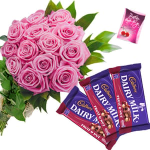 12 Pink Roses Bunch with Chocolates